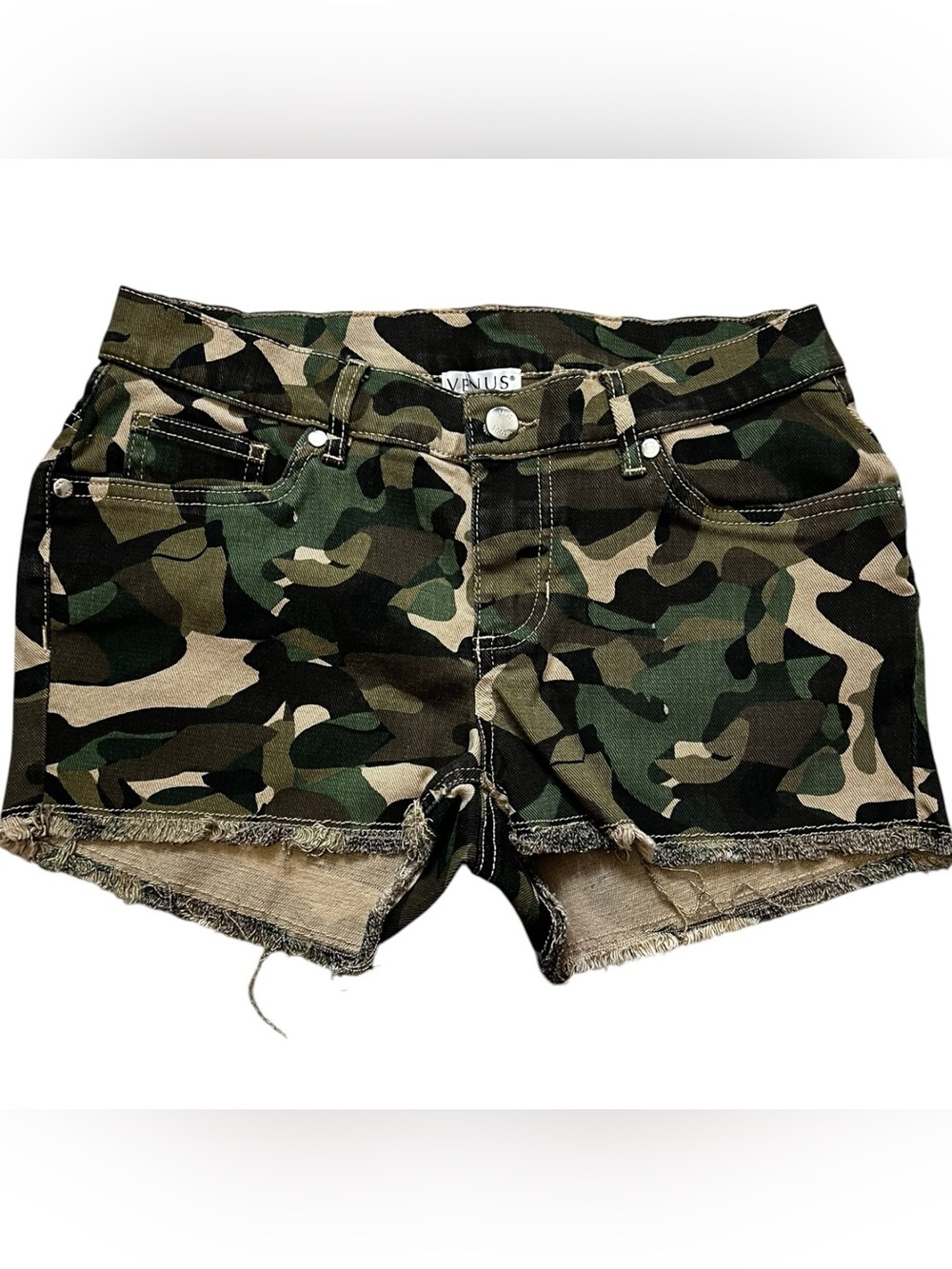 VENUS Camo Frayed Hem Jean Shorts - Green/Black/Tan Like New! 2